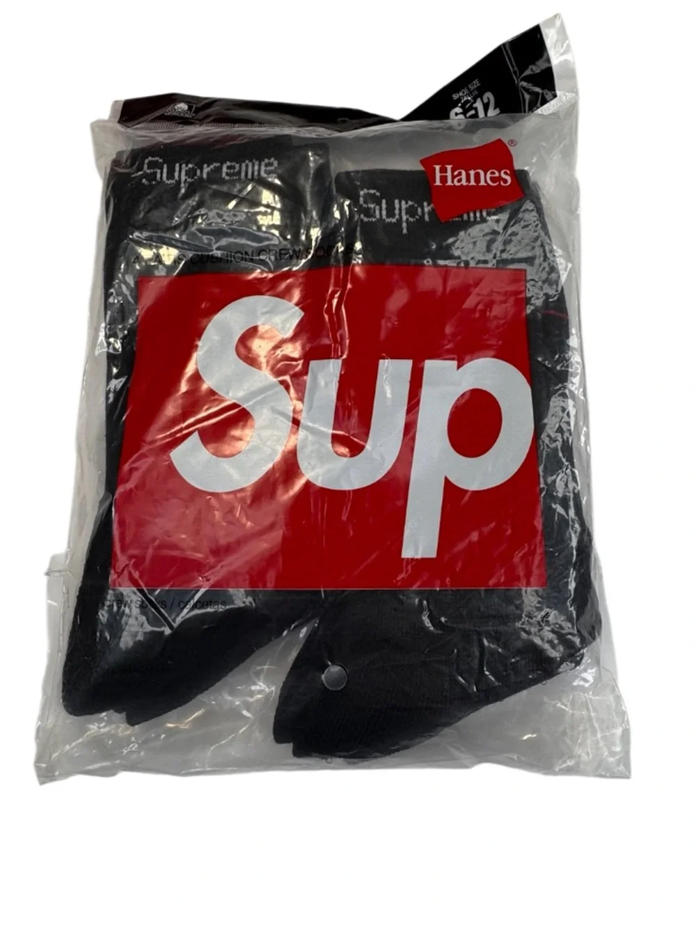 New Supreme x Hanes Crew Socks 2 Pairs Men's Size 6-12 Black Cotton Stretch